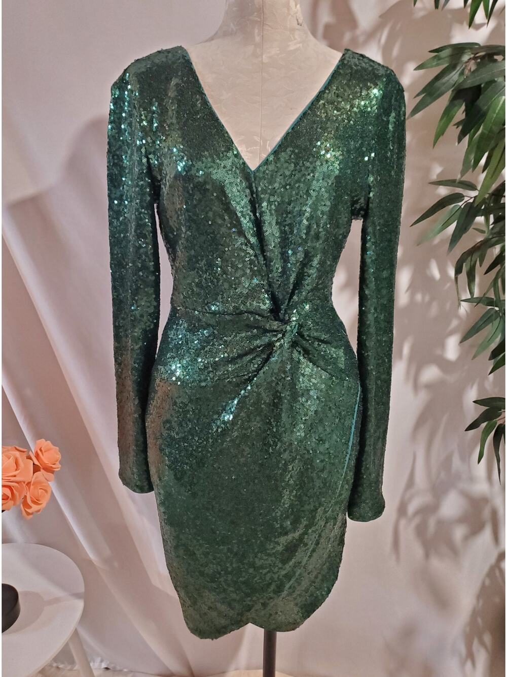 Guess Sequin Faux Wrap Twist V-Neck Long Sleeve Bodycon Dress Sz 8 Emerald Green - Picture 1 of 12